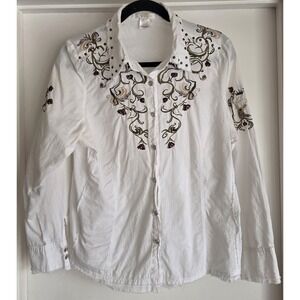 VTG Available 1X White Cotton Long Sleeve Collared Shirt Embroidery Studded Top
